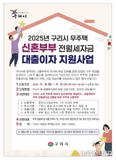 구리시, 무주택 신혼부부 주거 안정을 위해 대출이자 지원 나선다