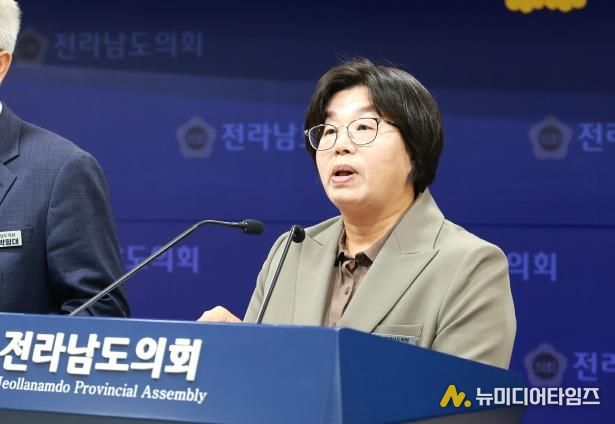 11월 3일, 도의회 브리핑룸에서 진보당·정의당 소속 도의원들이 한미 관세 협상에 대한 공동 기자회견을 열고 정부의 대미 현금투자 합의를 규탄하고 있다.