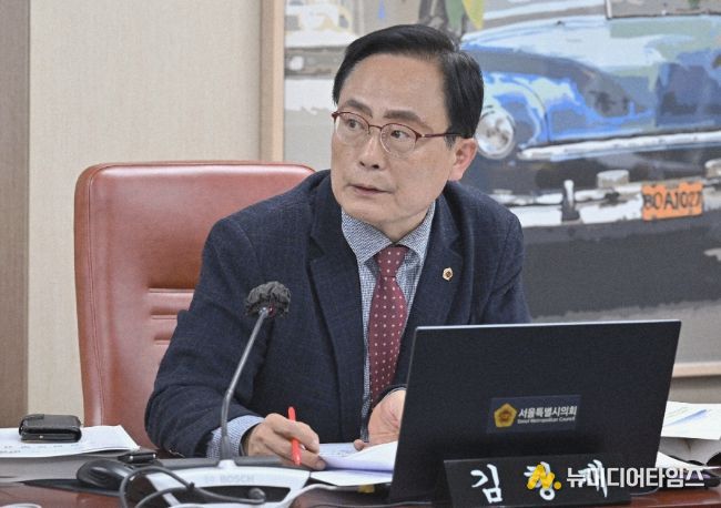 김형재 의원이 14일 열린 제333회 정례회 문화체육관광위원회 행정사무감사에서 서울시 문화본부장에게 질의를 하고 있다.