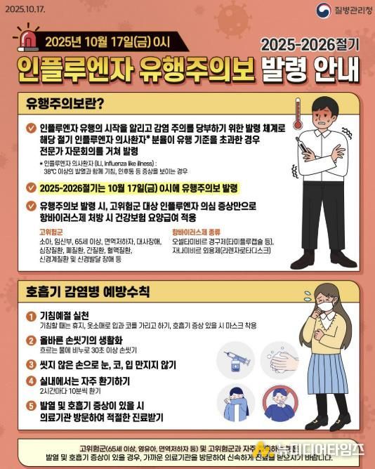 질병관리청 인플루엔자 유행주의보 발령 안내 홍보물