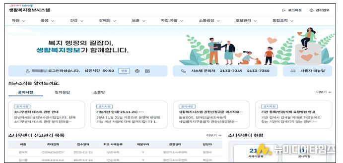 생활복지정보시스템내 메인화면