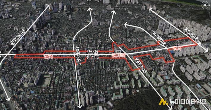 길동·굽은다리·명일역 3개 역세권 지구단위계획 위치도