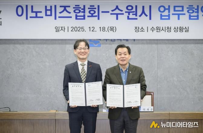 이재준 수원시장(오른쪽)과 이노비즈협회 정광천 회장이 협약 후 기념촬영을 하고 있다.