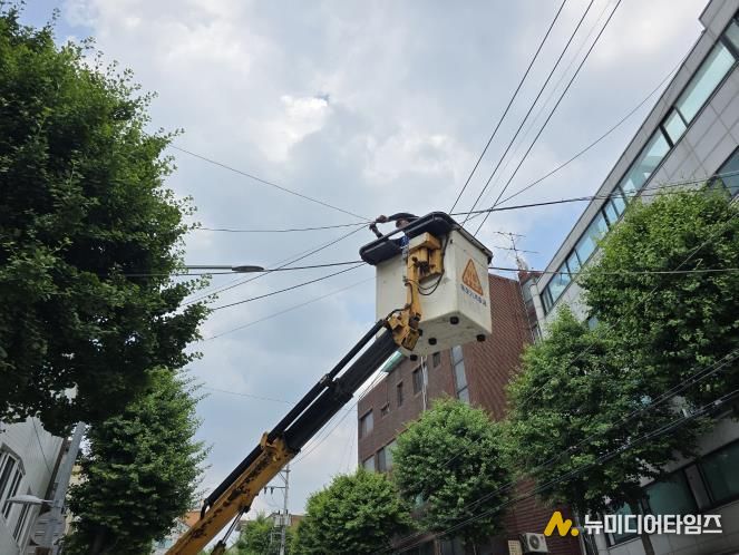 공중케이블 정비 중인 현장 모습