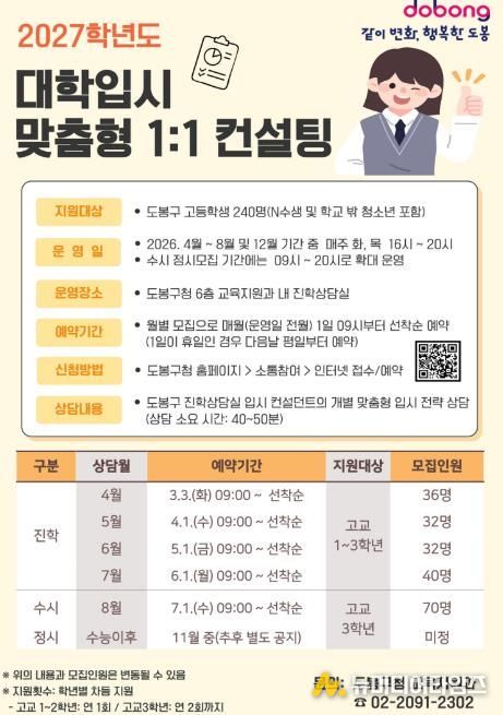 도봉구 2027학년도 대학입시 맞춤형 1:1 컨설팅 안내 포스터
