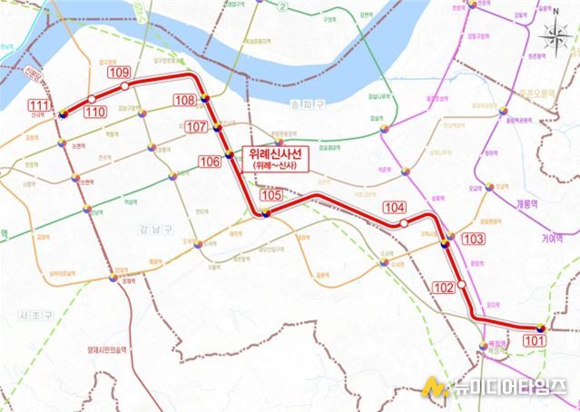 위례신사선 도시철도 노선도 (※ 정거장 위치 등은 개략적인 것이며 향후 사업계획 수립, 공사 단계 등에서 조정될 수 있음)