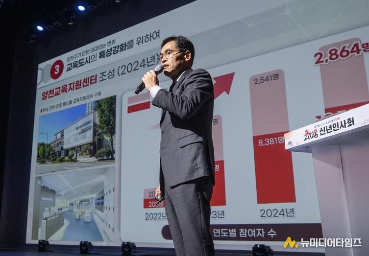 2026년 신년인사회에서 교육정책을 발표중인 이기재 양천구청장