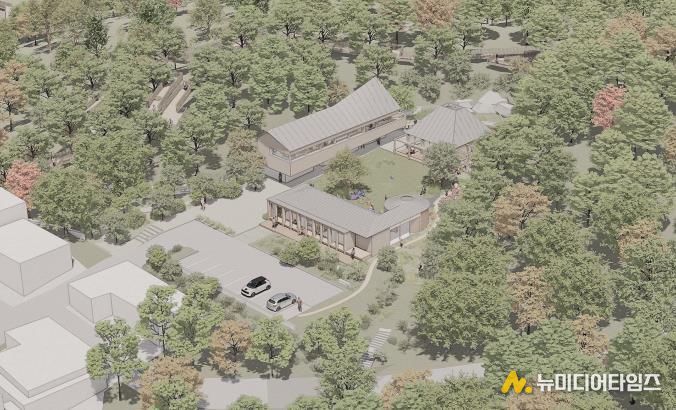 착공을 앞둔 영축산 산림복합체험센터 조감도(3개동의 건물과 중앙 정원이 영축산의 숲과 어우러지는 모습)