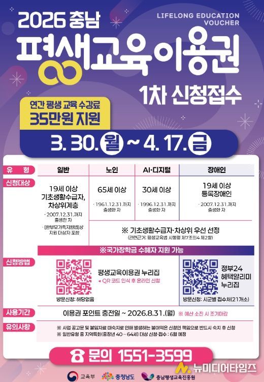 ‘2026년 충남 평생교육이용권’ 1차 신청 홍보문.