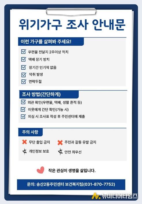 의정부시 송산2동, 취약계층 집중 거주지역 위기가구 발굴‧지원 조사 추진